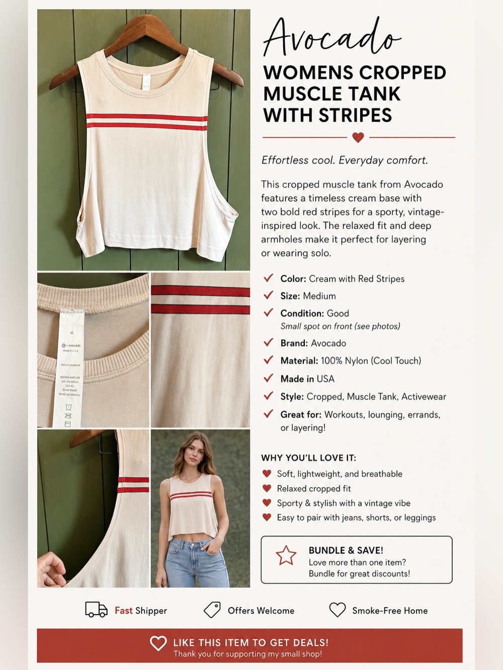 Avocado Cool Touch Cropped Muscle Tank Cream Red Stripe Size Medium USA Made